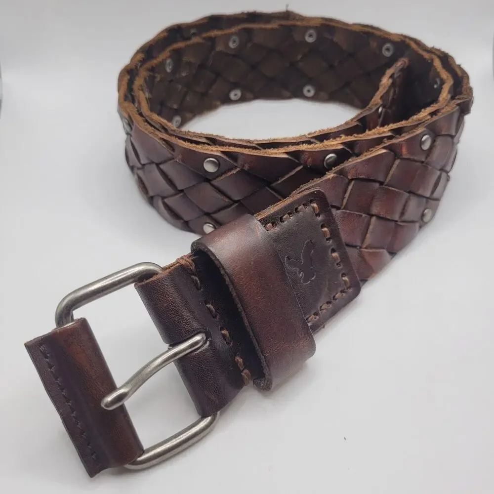 American Eagle Outfitters Belt Small Brown Leather Braided Studded Rugged Studs